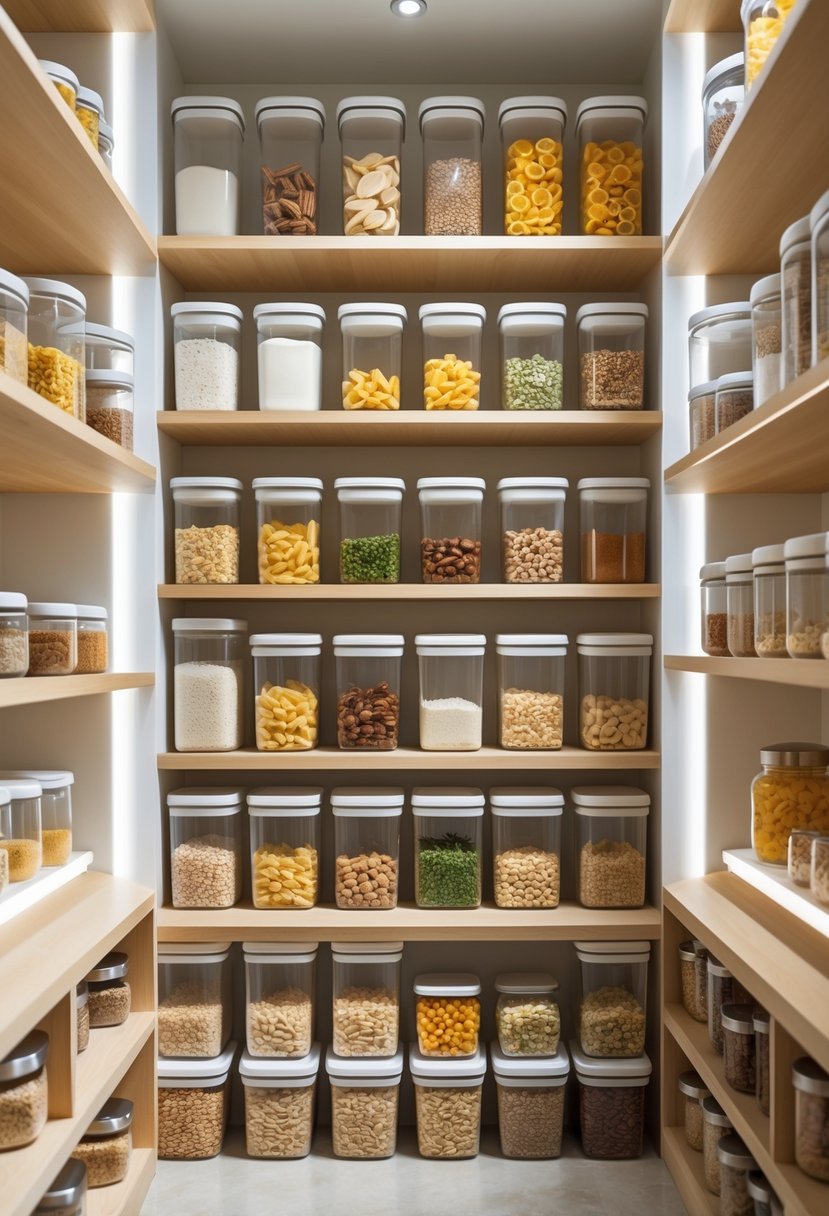 Pantry Organization Ideas 2026: 22 Smart Ways To Streamline Your Storage 7 A well-organized pantry with shelves holding clear airtight containers filled with dry foods.