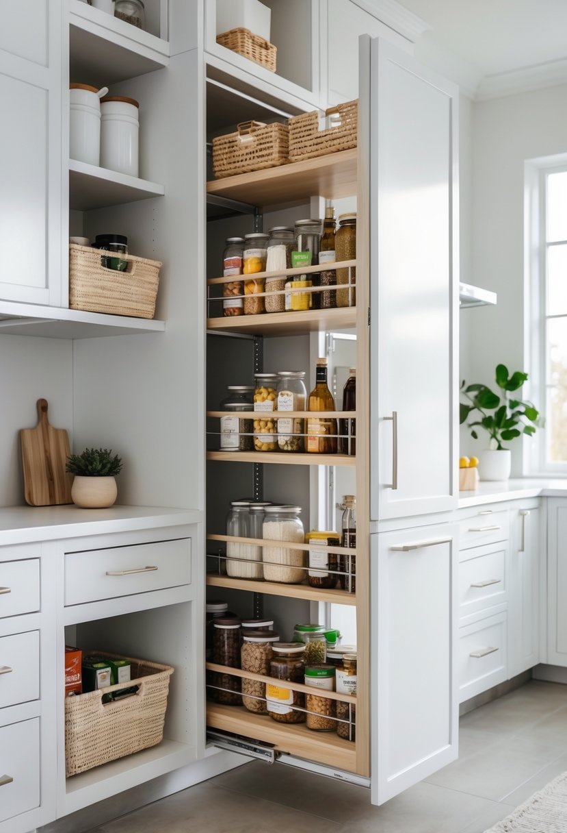 Pantry Organization Ideas 2026: 22 Smart Ways To Streamline Your Storage 8 A modern kitchen pantry with pull-out baskets filled with organized pantry items.
