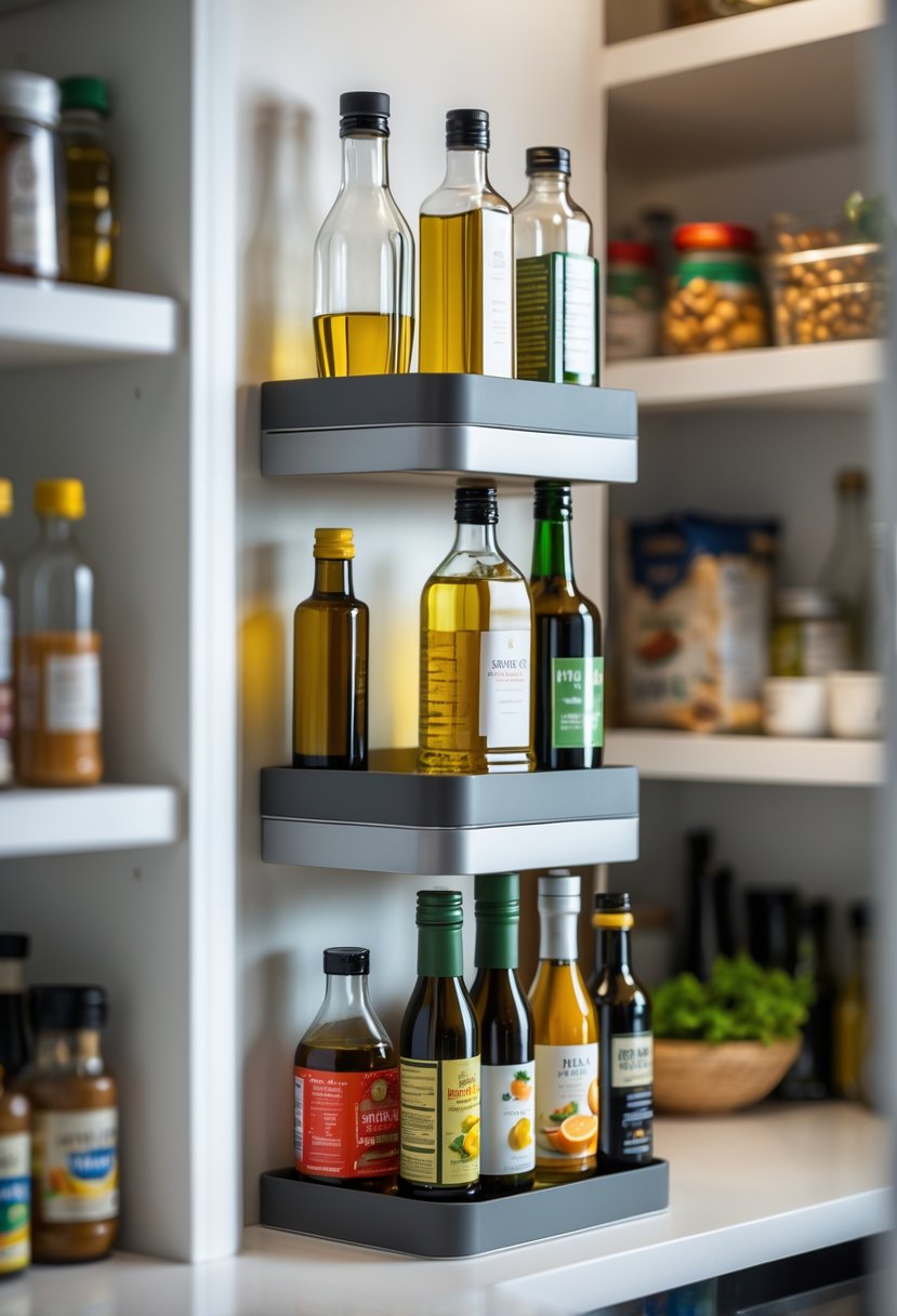 Pantry Organization Ideas 2026: 22 Smart Ways To Streamline Your Storage 9 A tiered shelf organizer in a pantry holding various bottles of oils and sauces neatly arranged on shelves.