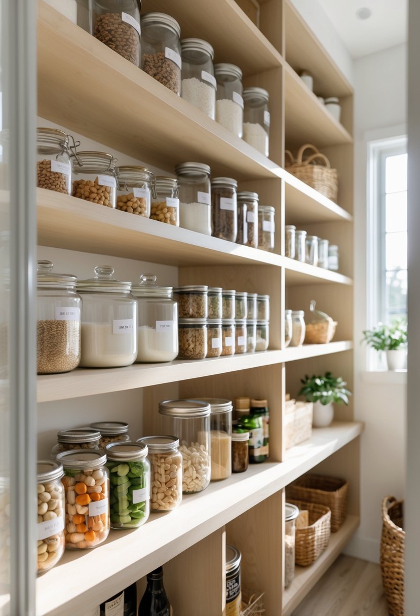 Pantry Organization Ideas 2026: 22 Smart Ways To Streamline Your Storage 10 A neatly organized pantry with frequently used food items placed at eye level on wooden shelves.