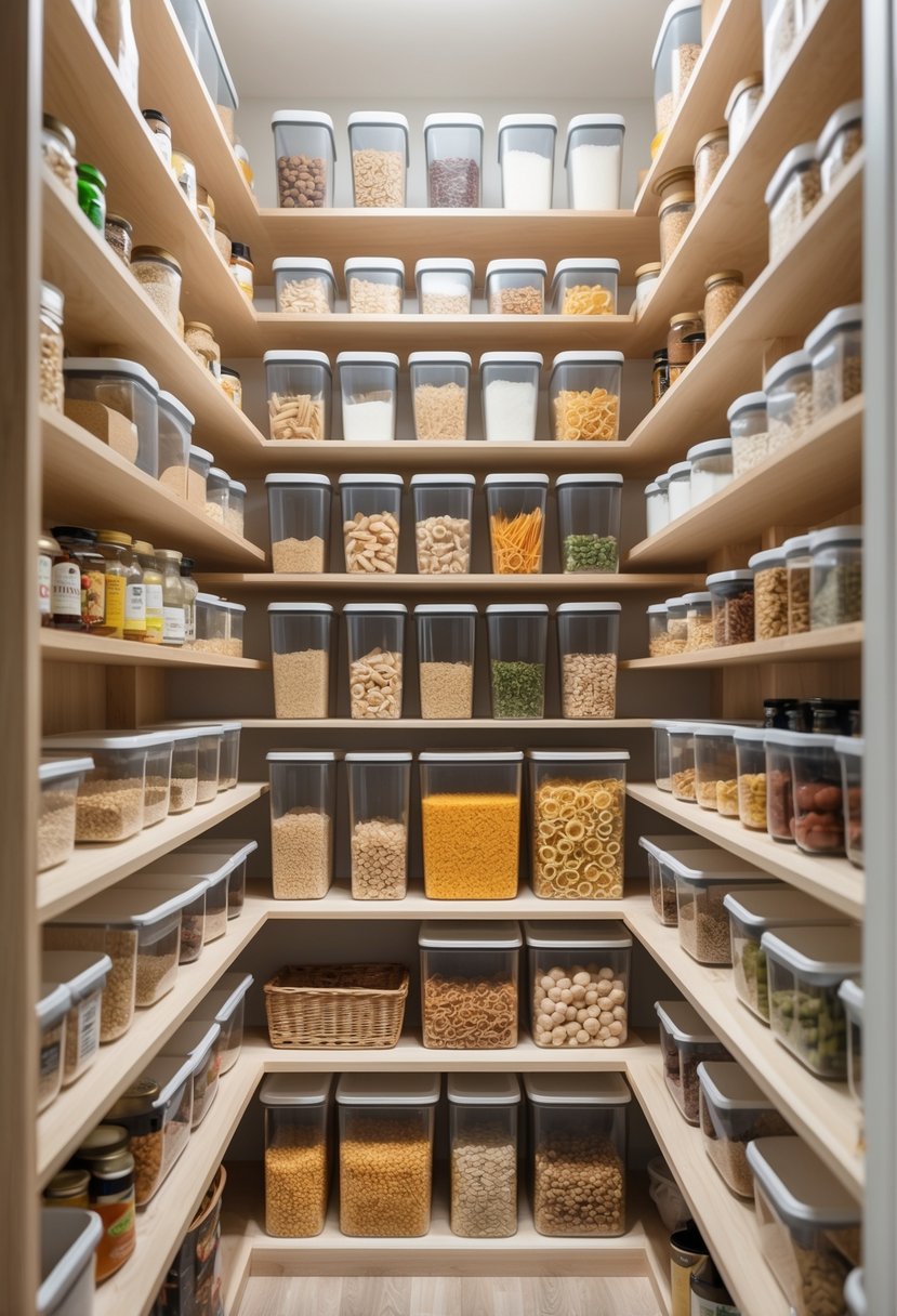 Pantry Organization Ideas 2026: 22 Smart Ways To Streamline Your Storage 11 A neatly organized pantry with stackable bins filled with dry goods arranged on tall shelves to maximize vertical storage space.