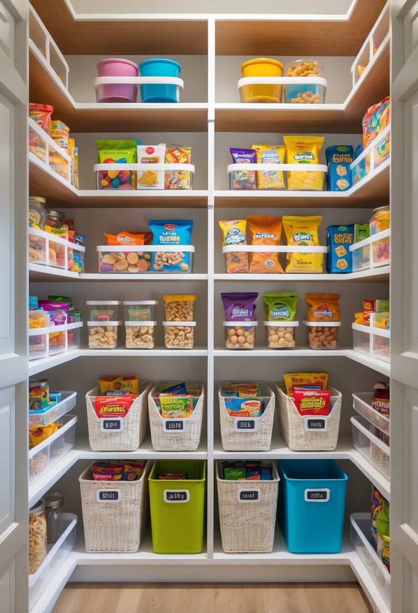 Pantry Organization Ideas 2026: 22 Smart Ways To Streamline Your Storage 12 A neatly organized kitchen pantry with a designated snack area containing colorful containers and snacks arranged on wooden shelves.