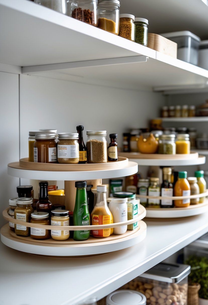 Pantry Organization Ideas 2026: 22 Smart Ways To Streamline Your Storage 13 A pantry shelf with lazy Susans holding small jars and condiments organized neatly.