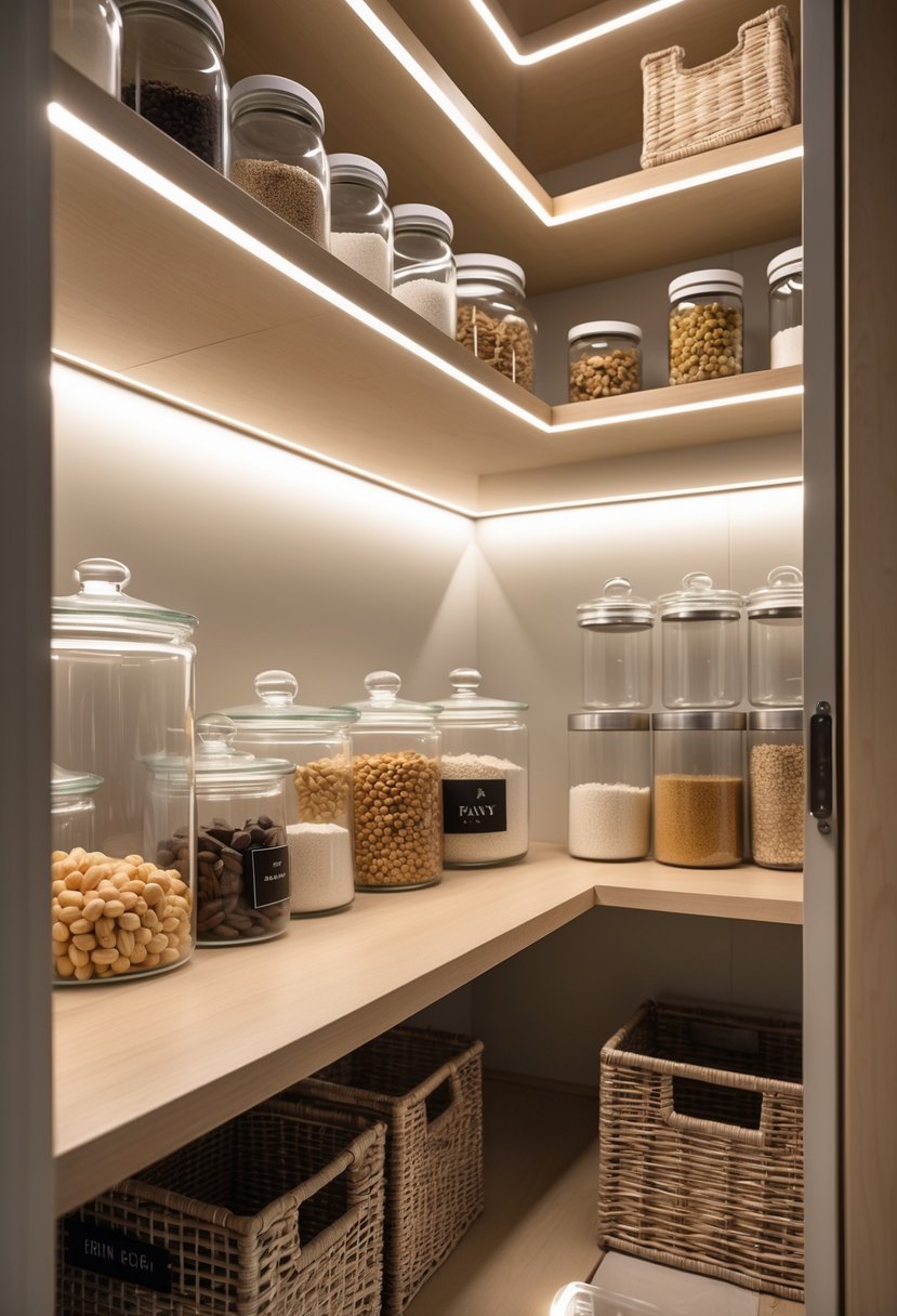 Pantry Organization Ideas 2026: 22 Smart Ways To Streamline Your Storage 15 A neatly organized pantry with LED strip lighting illuminating shelves filled with jars and containers.