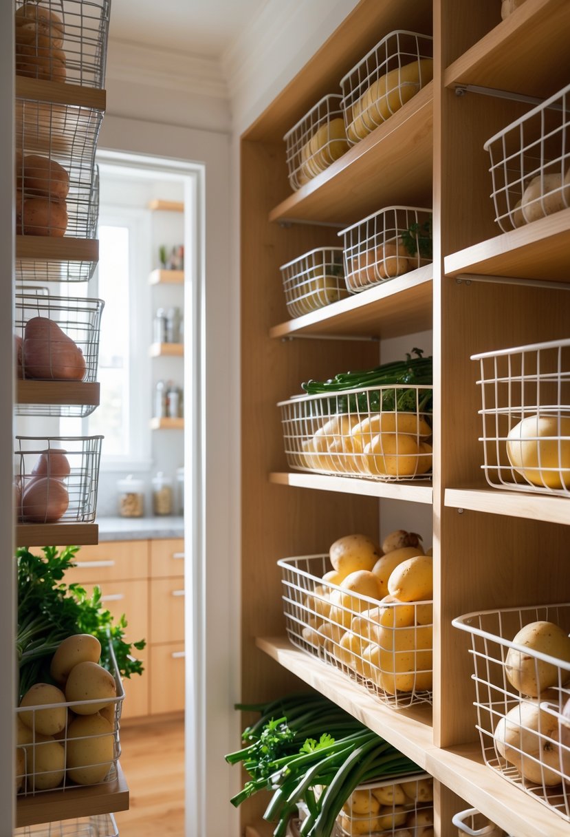 Pantry Organization Ideas 2026: 22 Smart Ways To Streamline Your Storage 16 A pantry with wooden shelves holding wire baskets filled with onions and potatoes, along with other organized pantry items.