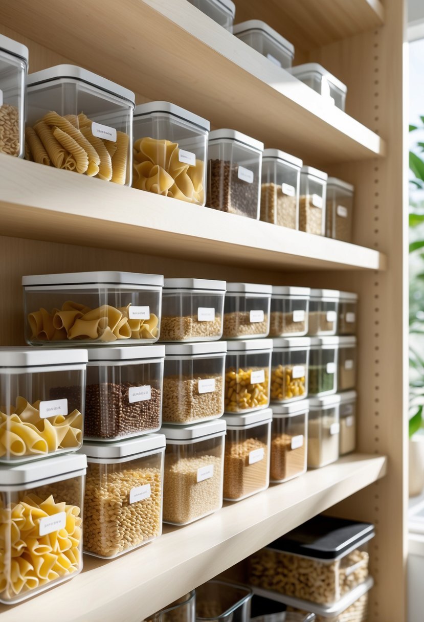 Pantry Organization Ideas 2026: 22 Smart Ways To Streamline Your Storage 17 A pantry with neatly arranged clear containers filled with pasta and grains on wooden shelves.