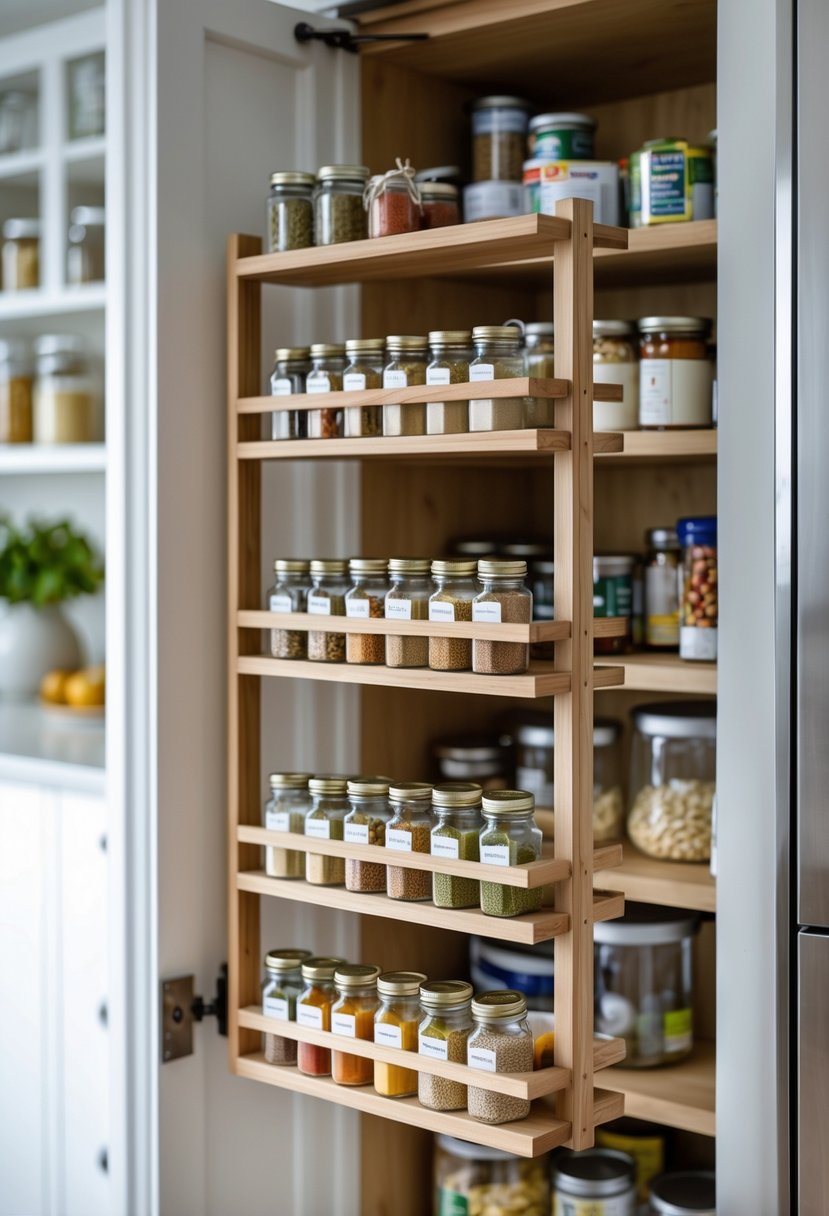Pantry Organization Ideas 2026: 22 Smart Ways To Streamline Your Storage 18 Open pantry door with a mounted spice rack filled with jars of spices and organized shelves inside the pantry.