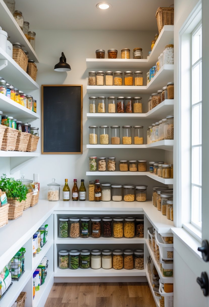 Pantry Organization Ideas 2026: 22 Smart Ways To Streamline Your Storage 19 A neatly organized pantry with shelves of jars and containers and a small blank chalkboard or whiteboard on the wall.