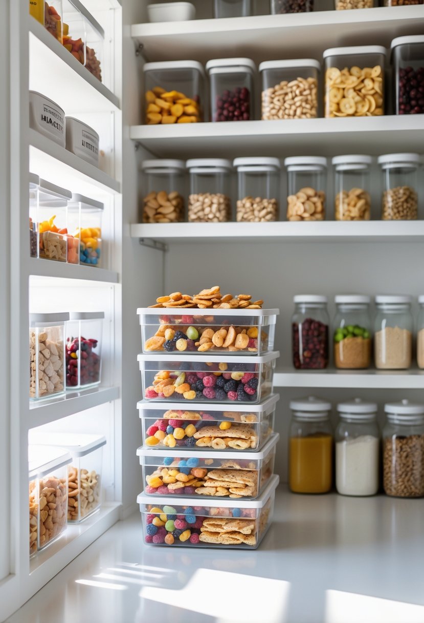 Pantry Organization Ideas 2026: 22 Smart Ways To Streamline Your Storage 20 A pantry with clear stackable bins neatly filled with snacks and bars on white shelves.
