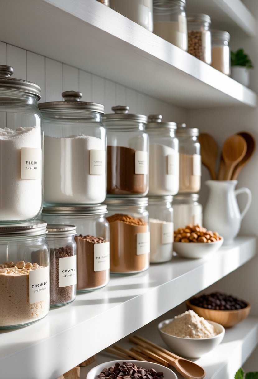 Pantry Organization Ideas 2026: 22 Smart Ways To Streamline Your Storage 21 A neatly organized pantry section with clear jars of baking ingredients and kitchen utensils on white shelves.