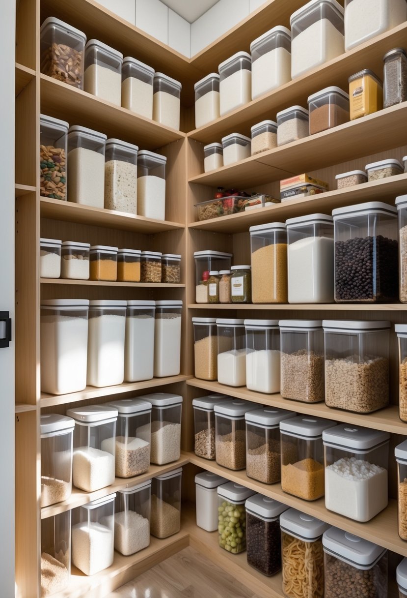 Pantry Organization Ideas 2026: 22 Smart Ways To Streamline Your Storage 22 A tidy pantry with large clear airtight containers storing bulk food items on wooden shelves.