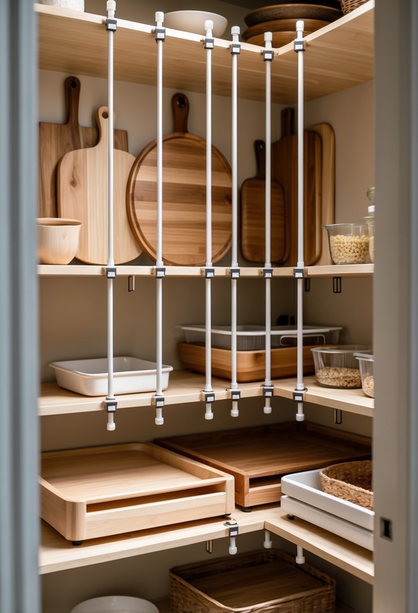 Pantry Organization Ideas 2026: 22 Smart Ways To Streamline Your Storage 23 A pantry shelf with cutting boards and trays separated by tension rods to keep them organized and upright.
