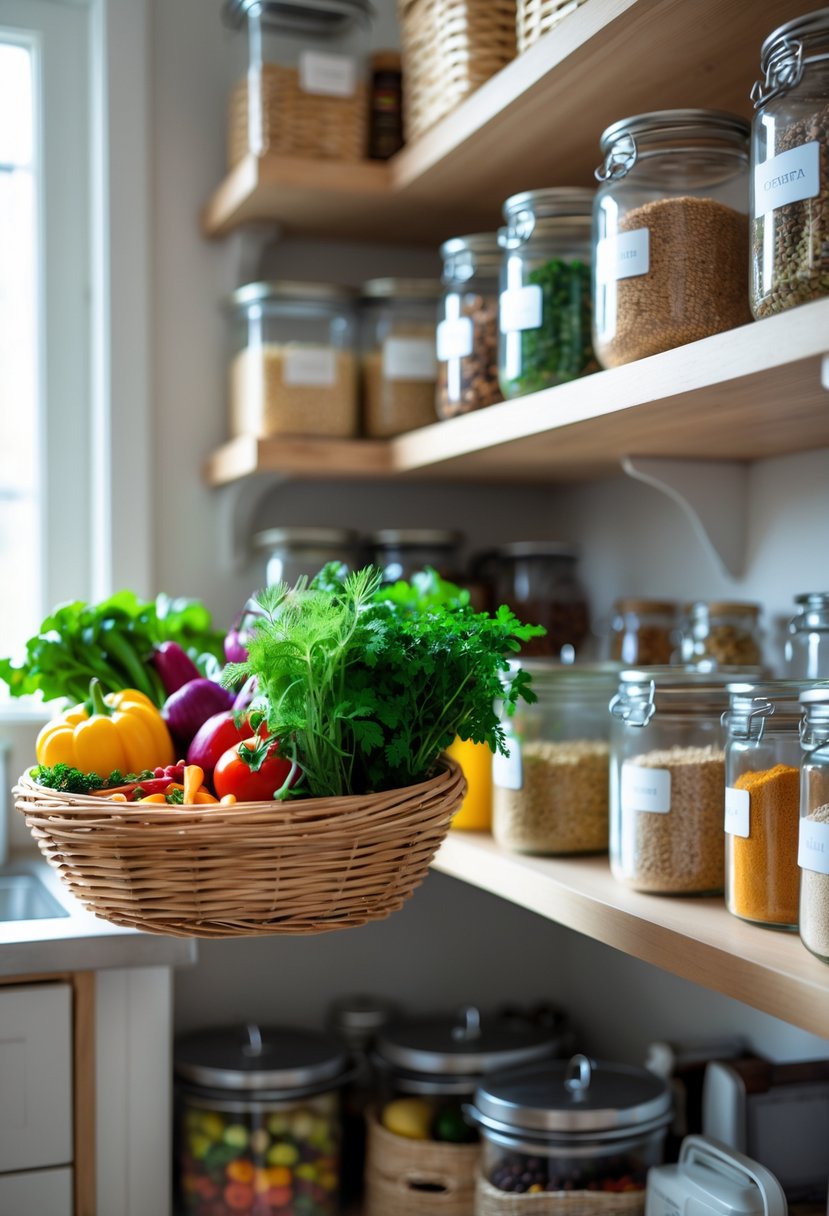 Pantry Organization Ideas 2026: 22 Smart Ways To Streamline Your Storage 24 A kitchen pantry with a wooden basket holding fresh vegetables and herbs, surrounded by neatly arranged jars and containers on shelves.