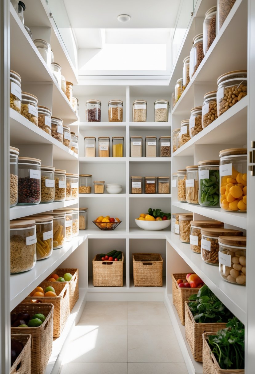 Pantry Organization Ideas 2026: 22 Smart Ways To Streamline Your Storage 26 A tidy kitchen pantry with neatly arranged jars, containers, and baskets filled with food items on white shelves.