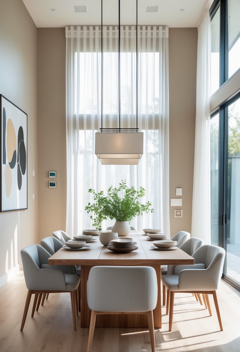 Dining Room Ideas 2026: 22 Inspiring Designs for Modern Homes 2 A bright dining room with a large wooden table, gray chairs, plants on the table, large windows with white curtains, and modern lighting.