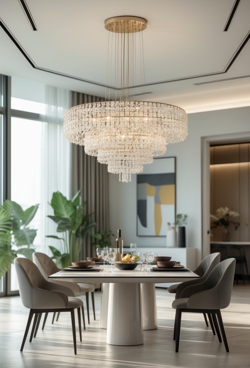 Dining Room Ideas 2026: 22 Inspiring Designs for Modern Homes 3 A bright dining room with a large chandelier hanging above a dining table set with chairs and tableware.