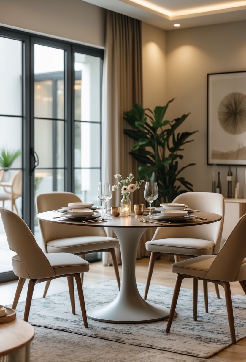 Dining Room Ideas 2026: 22 Inspiring Designs for Modern Homes 4 A round pedestal dining table set for a small gathering in a bright dining room with chairs and a floral centerpiece.