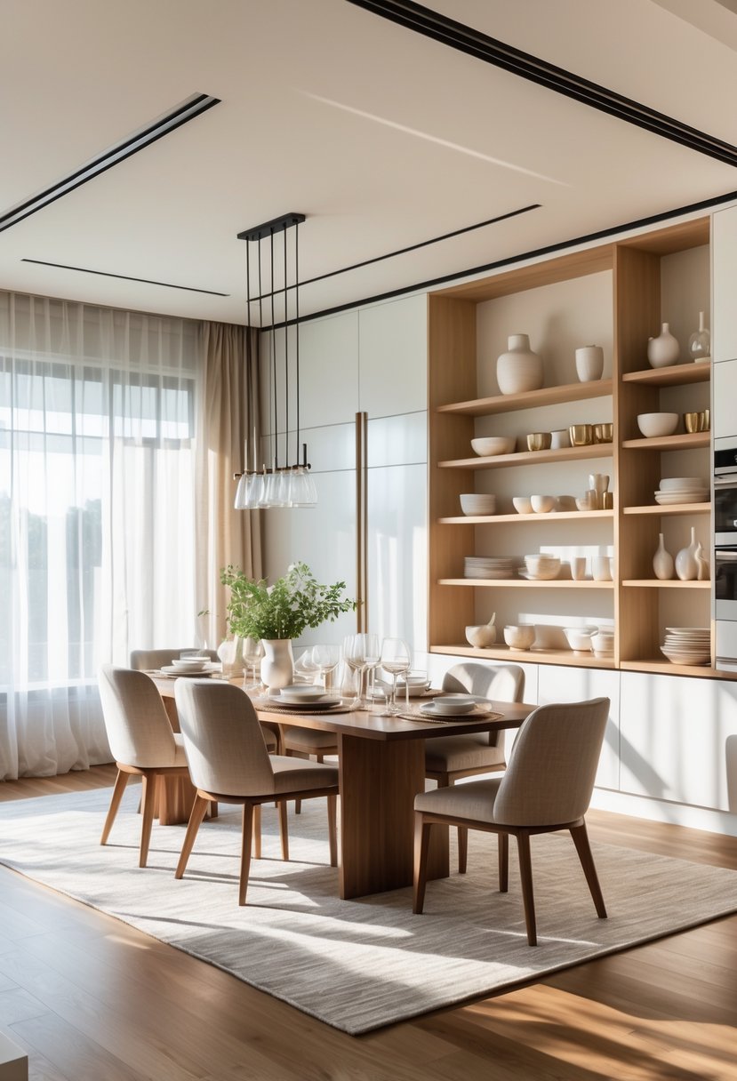Dining Room Ideas 2026: 22 Inspiring Designs for Modern Homes 5 A dining room with built-in open shelves and cabinets, a wooden dining table, chairs, and natural light coming through large windows.