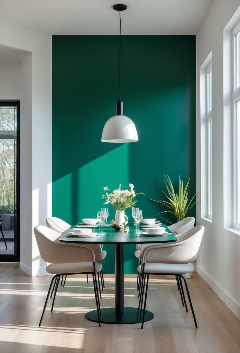 Dining Room Ideas 2026: 22 Inspiring Designs for Modern Homes 6 A dining room with a bold emerald green accent wall, a wooden table set with chairs, and natural light coming through large windows.