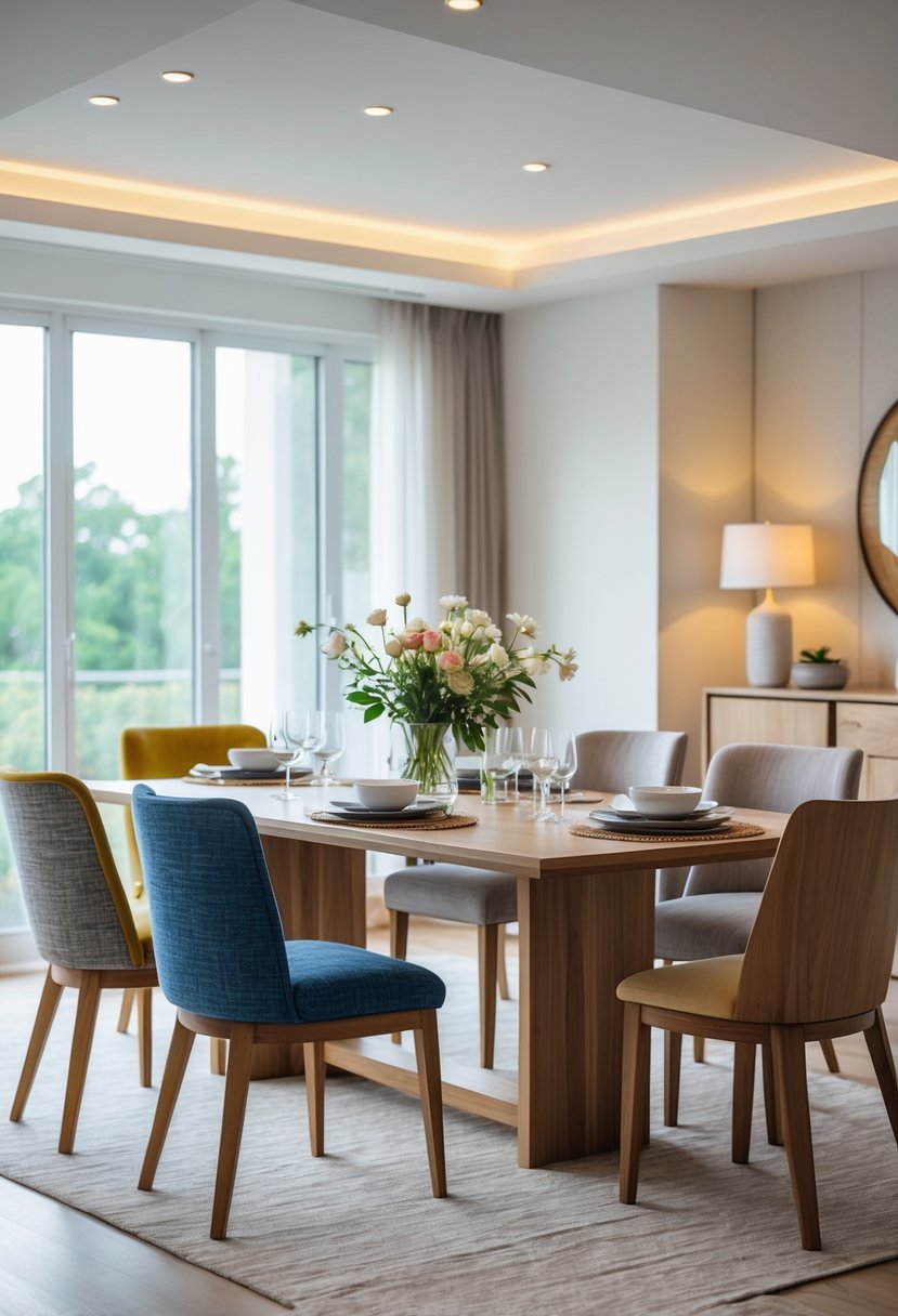 Dining Room Ideas 2026: 22 Inspiring Designs for Modern Homes 7 A dining room with a wooden table surrounded by a mix of upholstered and wooden chairs, lit by natural light from large windows.