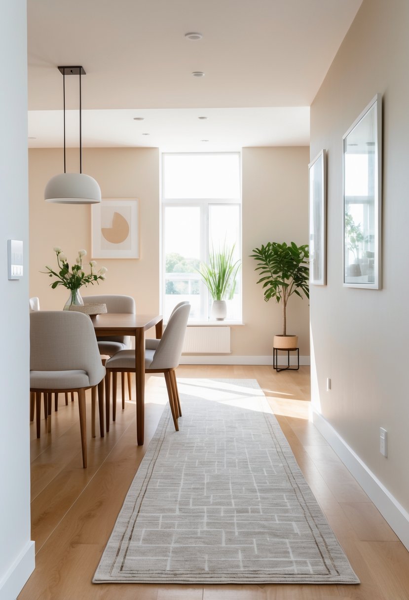 Dining Room Ideas 2026: 22 Inspiring Designs for Modern Homes 9 A dining room with a wooden table and chairs set on a long runner rug that defines the dining area.