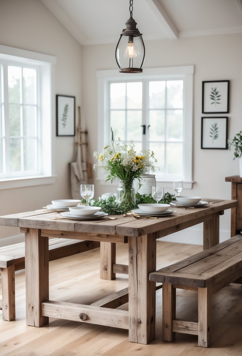 Dining Room Ideas 2026: 22 Inspiring Designs for Modern Homes 11 A dining room with a wooden farmhouse table and bench seating, set with plates and glasses, illuminated by natural light from large windows.