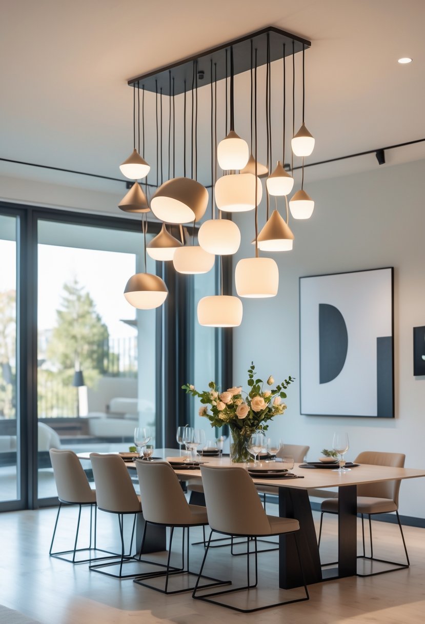 Dining Room Ideas 2026: 22 Inspiring Designs for Modern Homes 14 A bright dining room with clusters of pendant lights hanging above a dining table set with chairs and simple decorations.