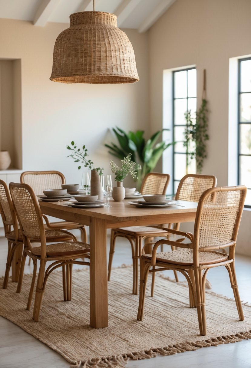 Dining Room Ideas 2026: 22 Inspiring Designs for Modern Homes 16 A bright dining room with a wooden table, rattan chairs, and a jute rug, decorated with simple tableware and greenery.