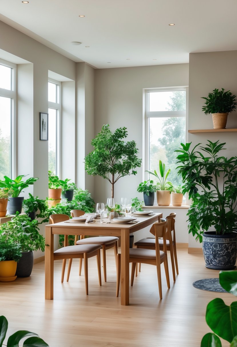 Dining Room Ideas 2026: 22 Inspiring Designs for Modern Homes 17 A dining room with a wooden table set for four and several potted plants including a small indoor tree near the corner.