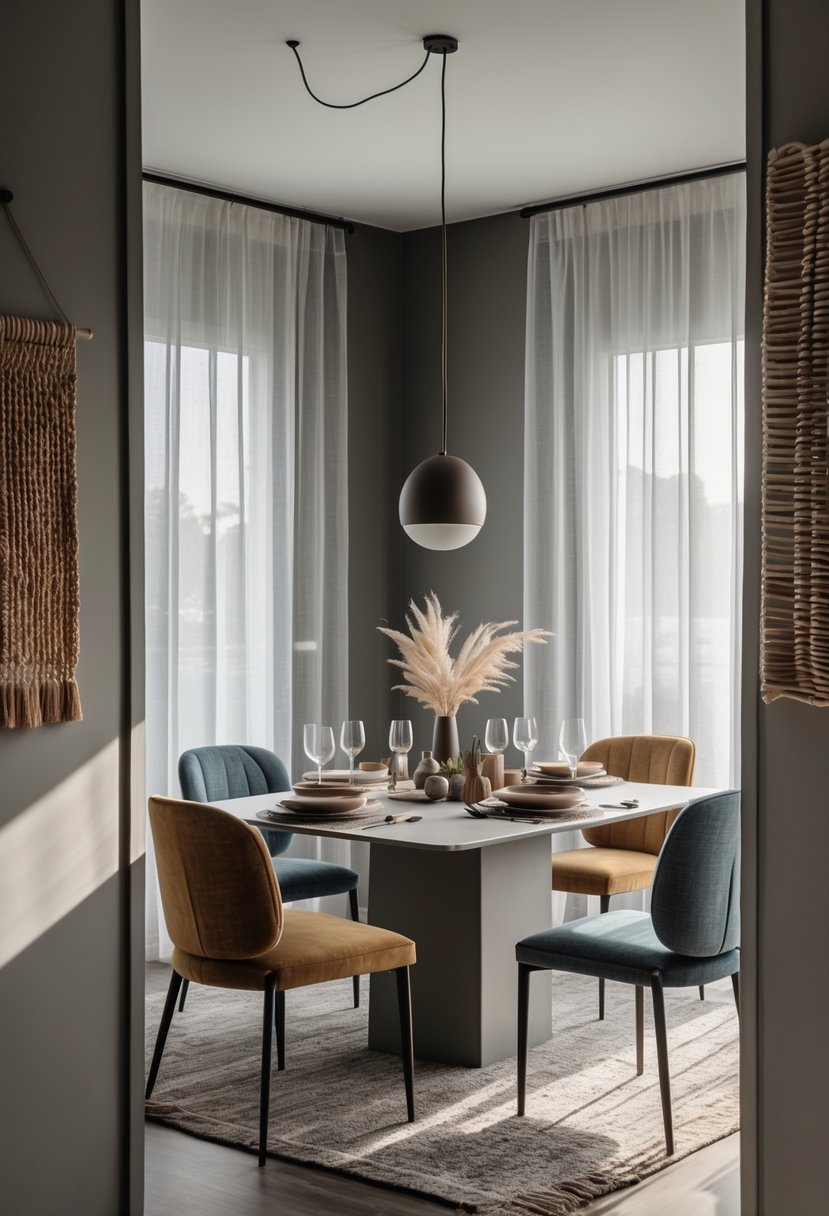 Dining Room Ideas 2026: 22 Inspiring Designs for Modern Homes 18 A dining room with a table and chairs, textured walls, and soft natural light creating a calm and inviting atmosphere.