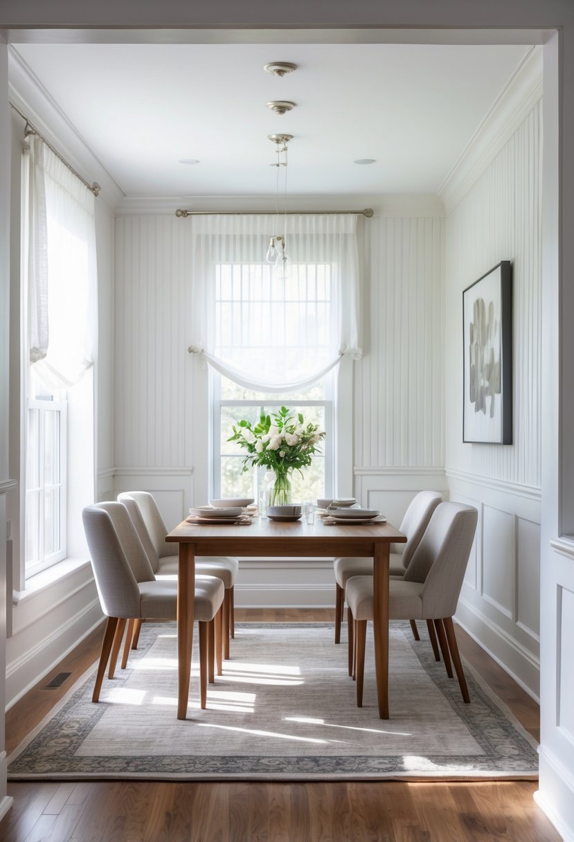 Dining Room Ideas 2026: 22 Inspiring Designs for Modern Homes 19 A dining room with white beadboard wainscoting on the walls, a wooden dining table, chairs, and natural light coming through windows.