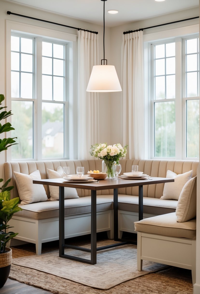 Dining Room Ideas 2026: 22 Inspiring Designs for Modern Homes 21 A cozy dining nook with banquette seating, a wooden table, cushions, and natural light from large windows.