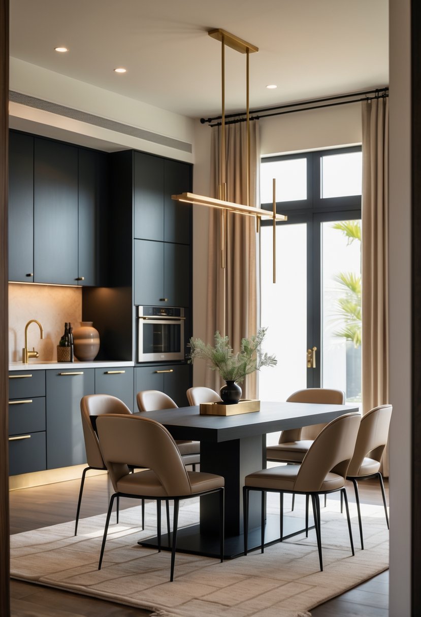 Dining Room Ideas 2026: 22 Inspiring Designs for Modern Homes 22 A dining room with a table and chairs, featuring brass and matte black hardware accents and natural light coming through large windows.