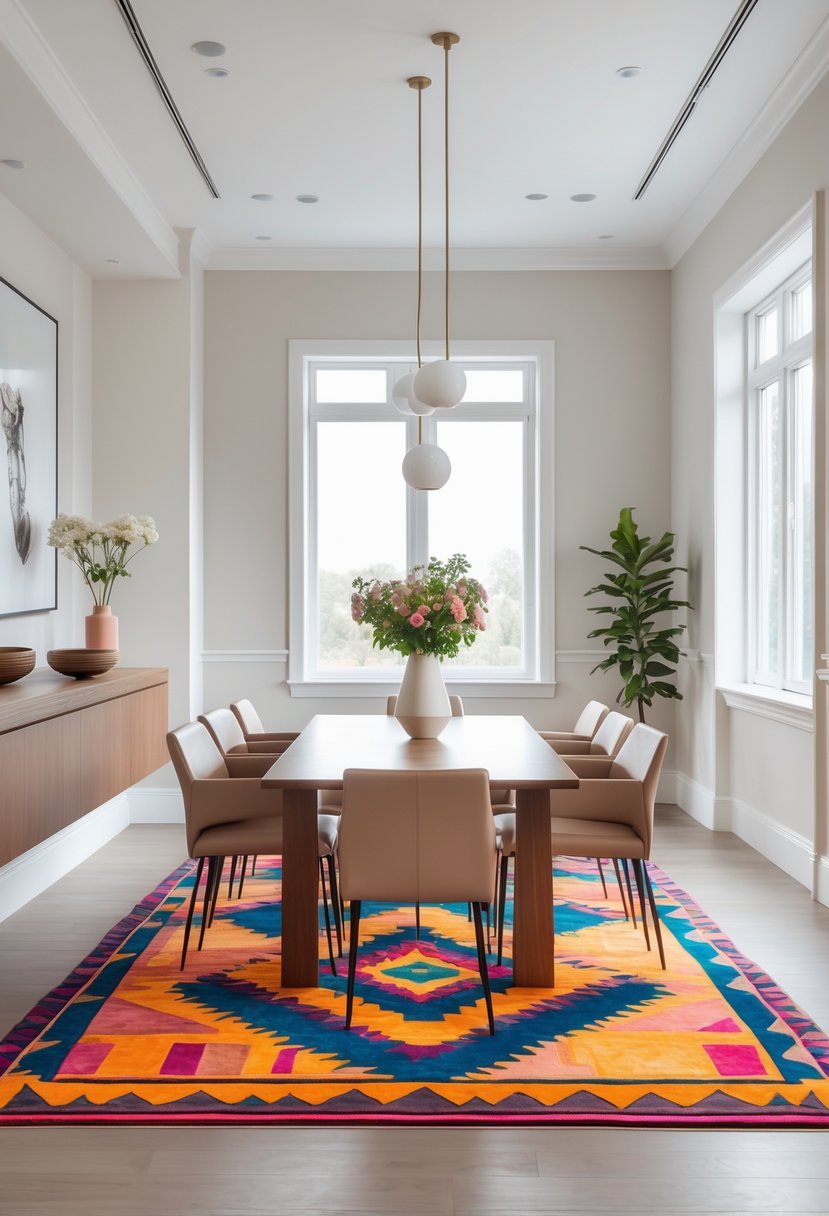 Dining Room Ideas 2026: 22 Inspiring Designs for Modern Homes 23 A dining room with a wooden table, chairs, and a large colorful geometric patterned rug on the floor.