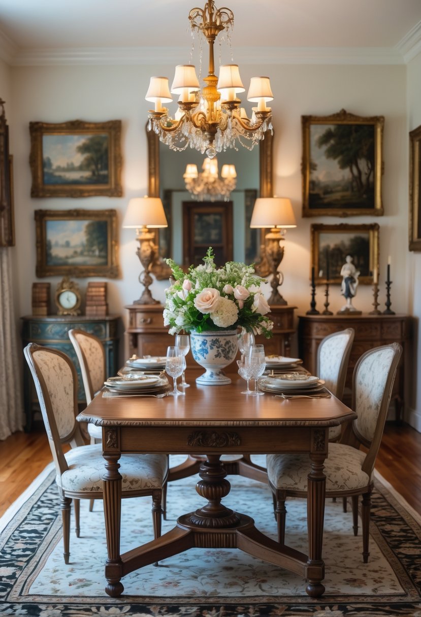 Dining Room Ideas 2026: 22 Inspiring Designs for Modern Homes 24 A dining room with a wooden table, upholstered chairs, a chandelier, and various decorative items on the walls and sideboard.