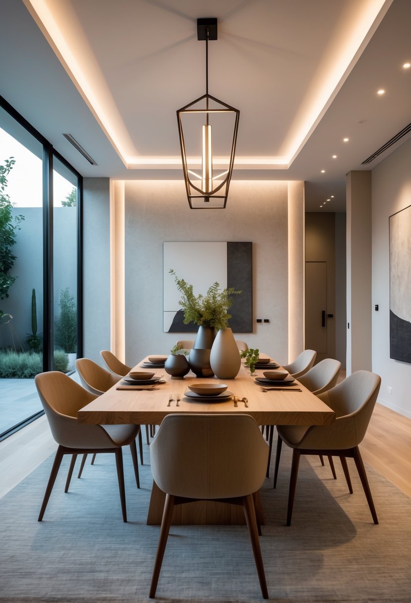 Dining Room Ideas 2026: 22 Inspiring Designs for Modern Homes 25 A bright dining room with a large wooden table, chairs, a modern chandelier, and large windows showing a garden outside.