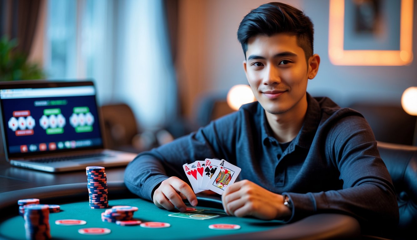 Seorang dewasa muda duduk di meja poker dengan kartu dan chip poker, tampak fokus dan tersenyum di ruangan yang terang.