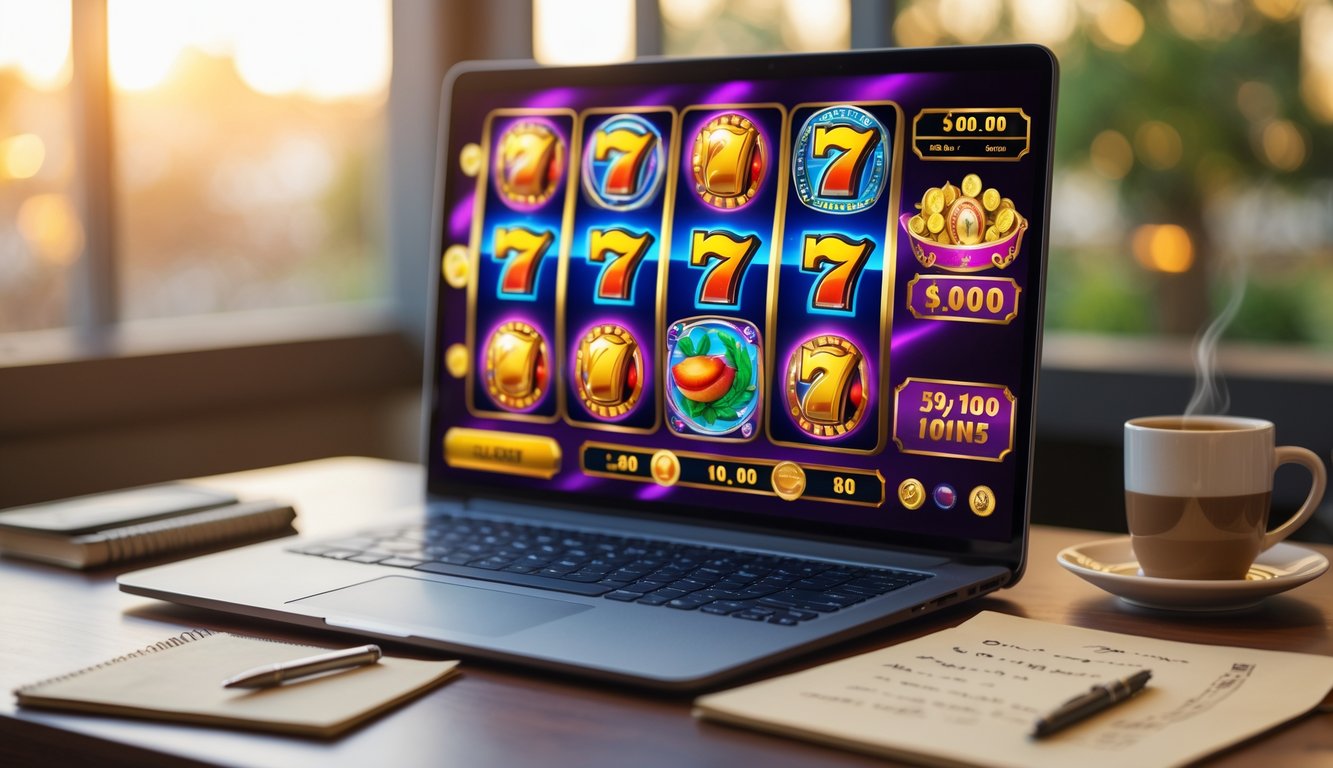 Seorang pemain sedang menggunakan komputer dengan permainan slot online yang berwarna-warni di layar, dikelilingi oleh alat tulis dan secangkir kopi di atas meja kayu.