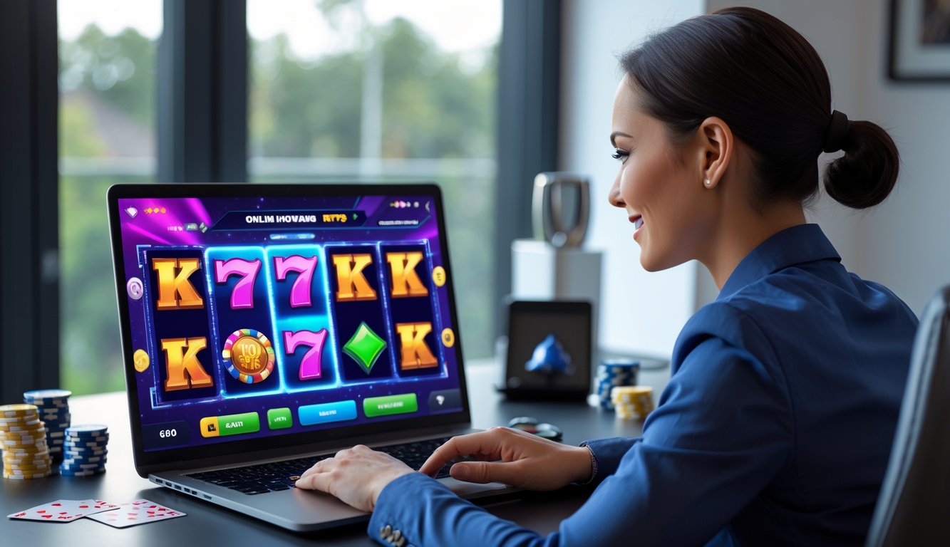 Seseorang duduk di meja dengan laptop yang menampilkan permainan slot online berwarna-warni, di ruang kerja modern dengan cahaya alami.