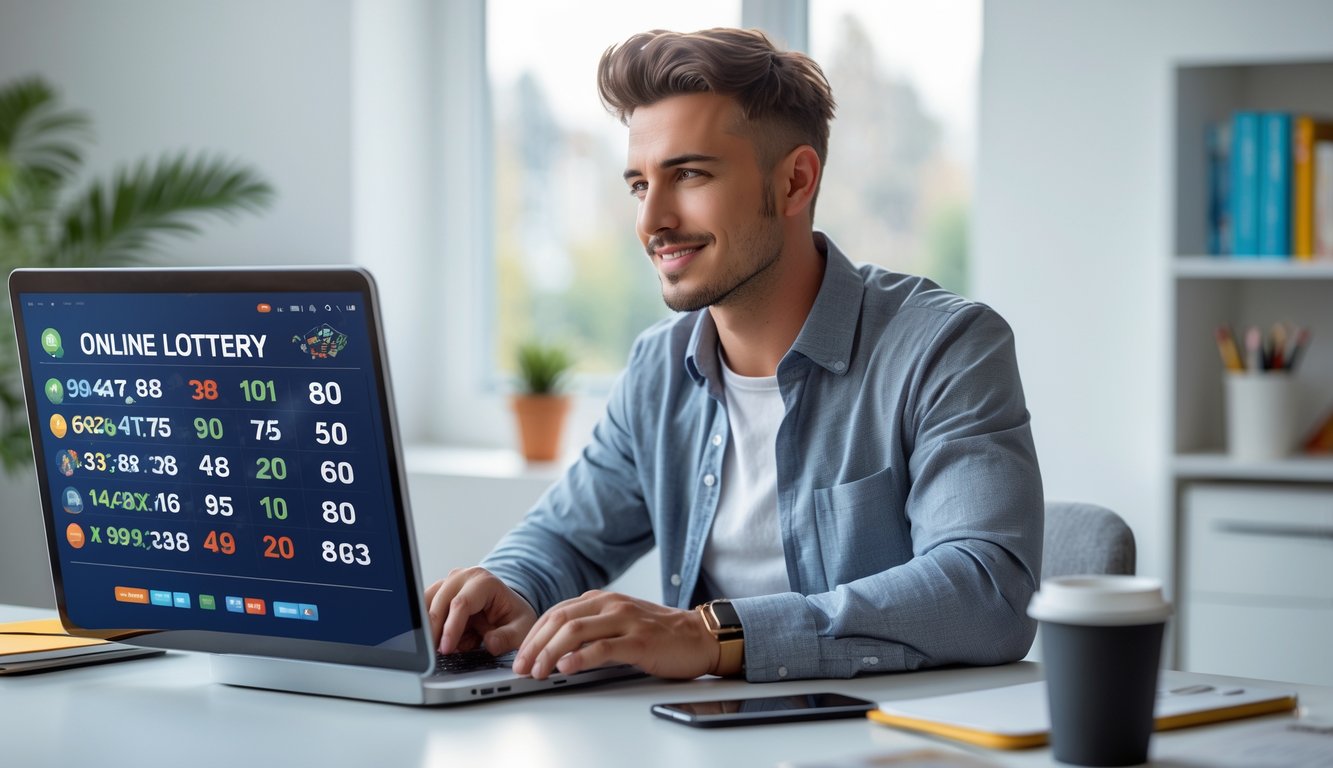 Seorang pria muda duduk di meja kerja dengan laptop dan catatan, fokus mempelajari data untuk bermain togel online.