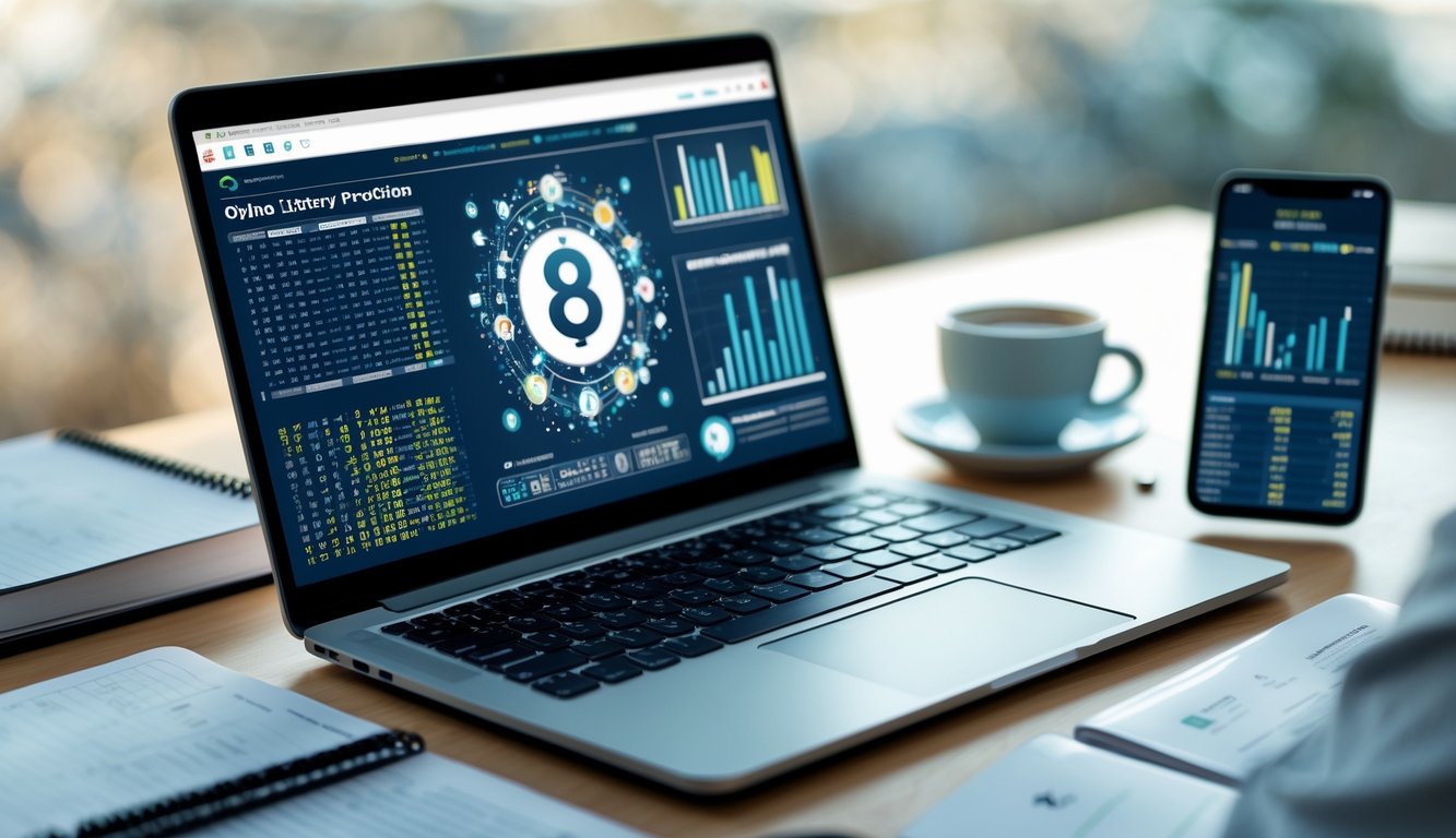 Seorang pria duduk di depan laptop dengan grafik dan pola angka, menganalisis data di meja kerja yang rapi.