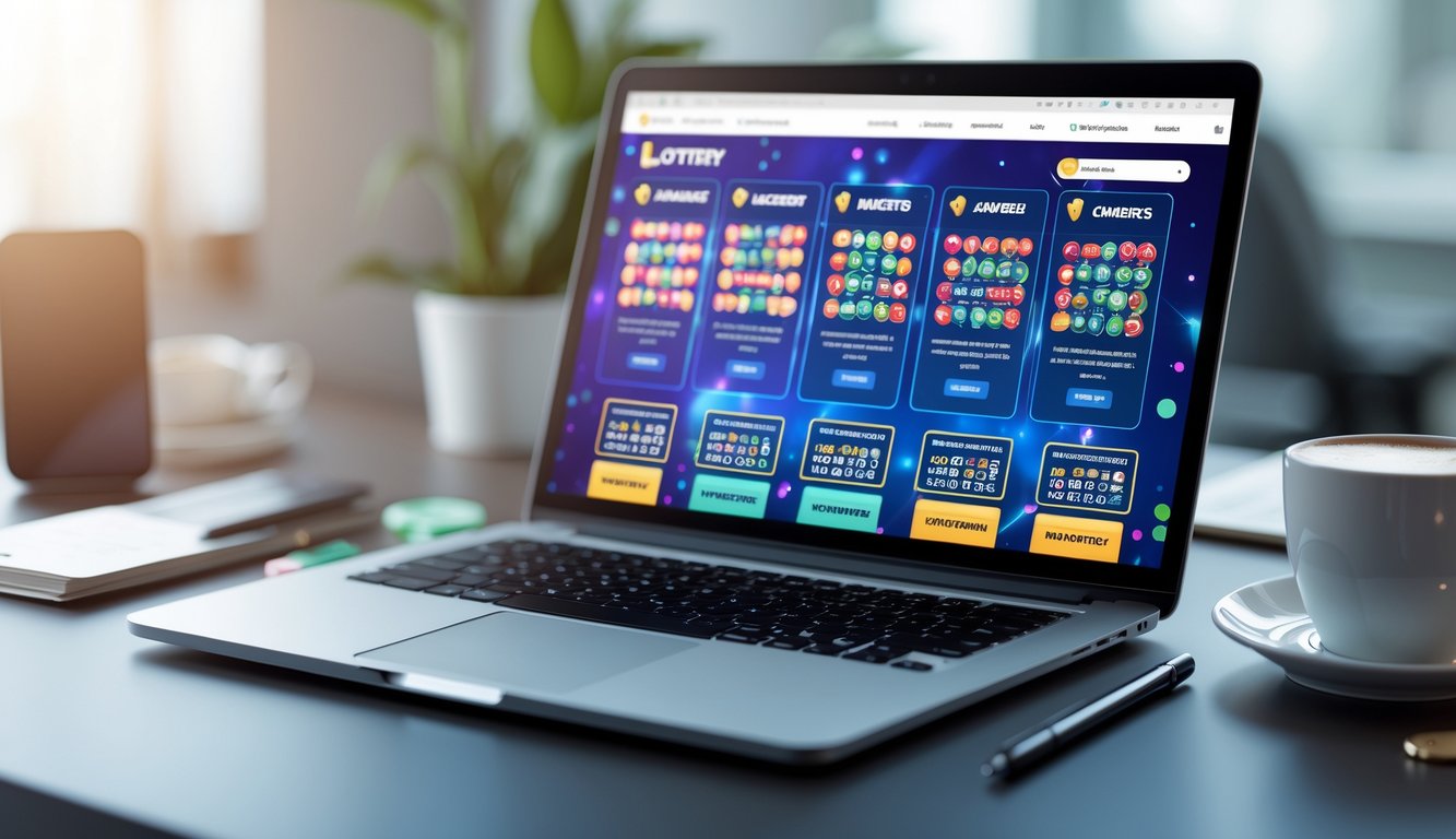 Sebuah meja kerja modern dengan laptop yang menampilkan situs togel online, dikelilingi oleh smartphone, cangkir kopi, dan buku catatan.