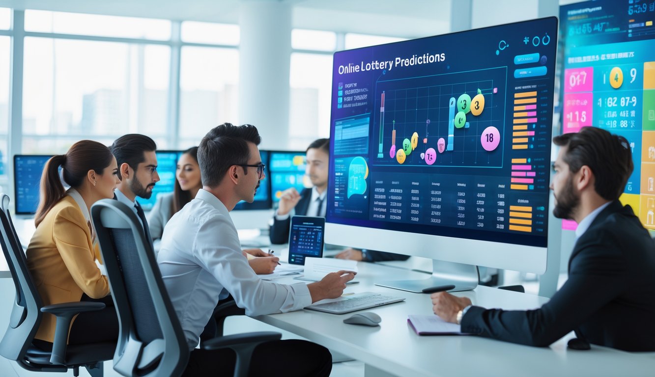 Orang-orang bekerja bersama di kantor modern dengan layar komputer menampilkan grafik dan data statistik lotere online.