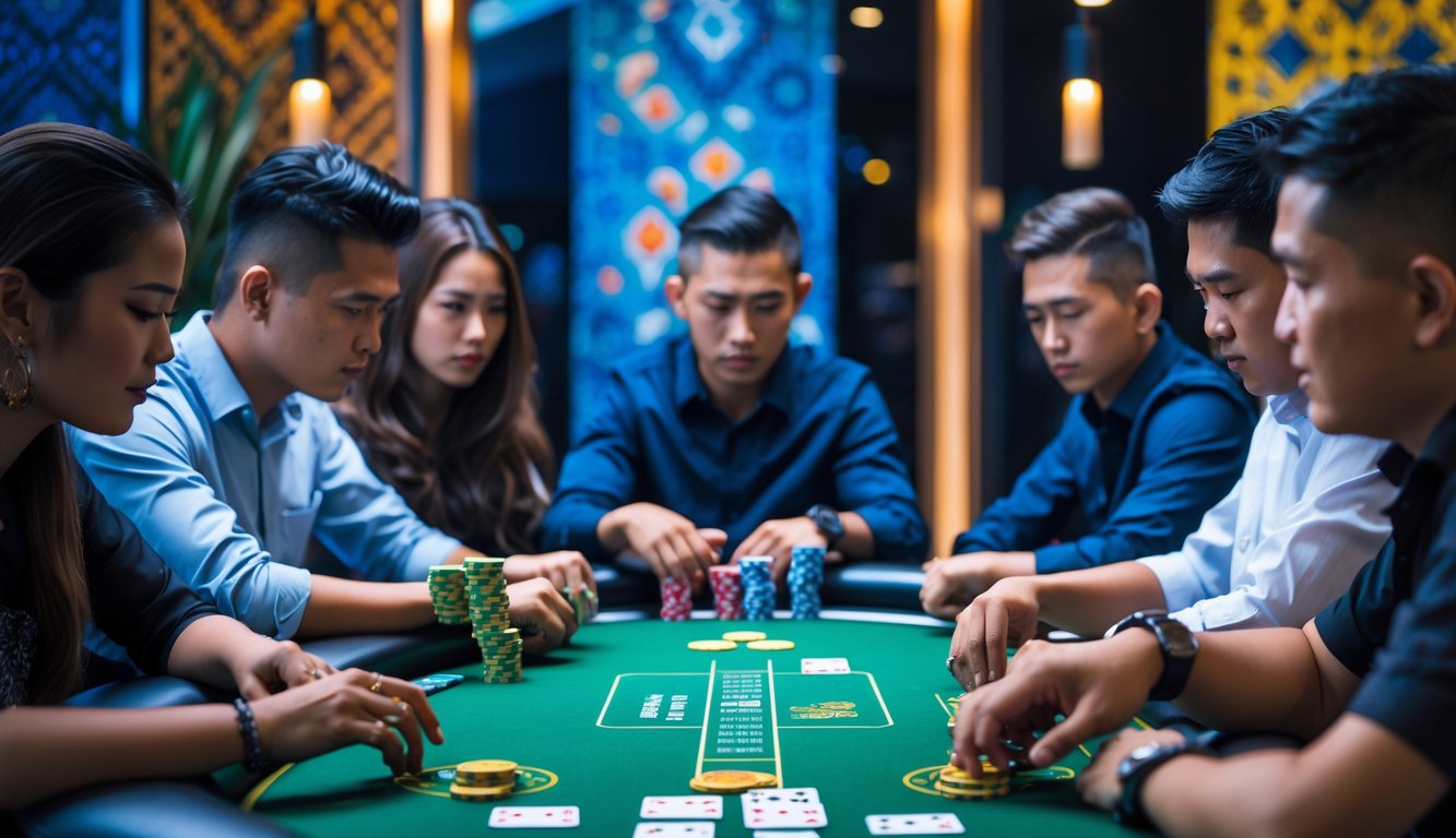 Meja poker dengan pemain yang sedang bermain kartu di ruangan dengan dekorasi batik Indonesia.