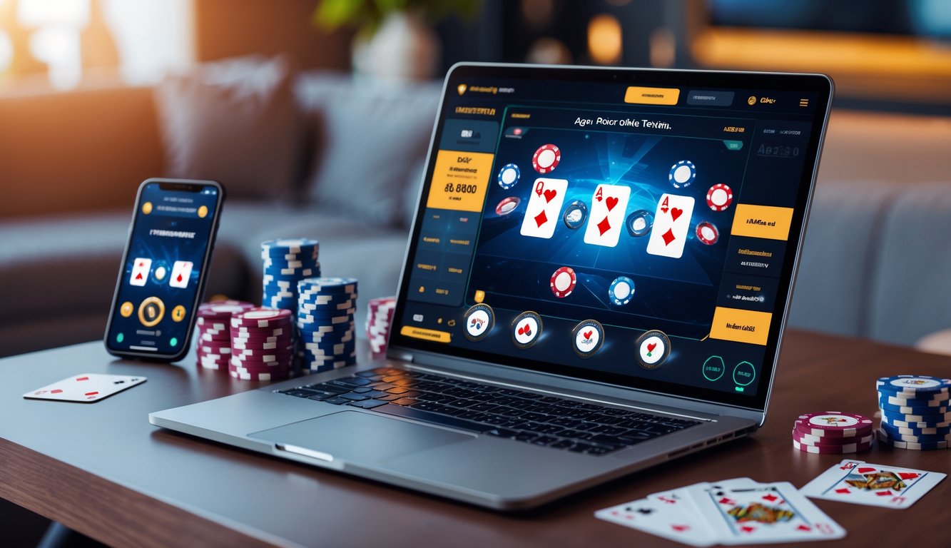 Seorang pemain poker online sedang menggunakan laptop dengan kartu dan chip poker di meja yang rapi.