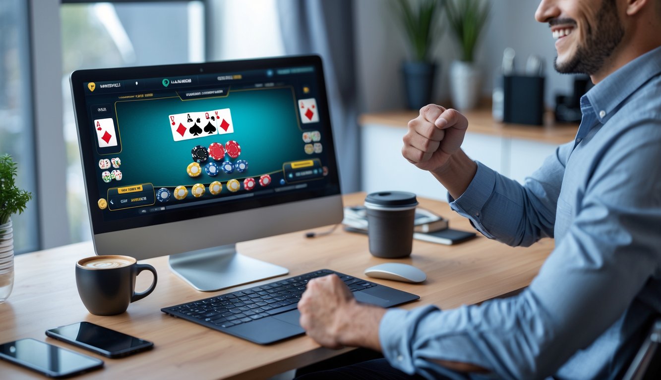 Seseorang sedang duduk di depan komputer dengan ekspresi senang setelah menang dalam permainan poker online.