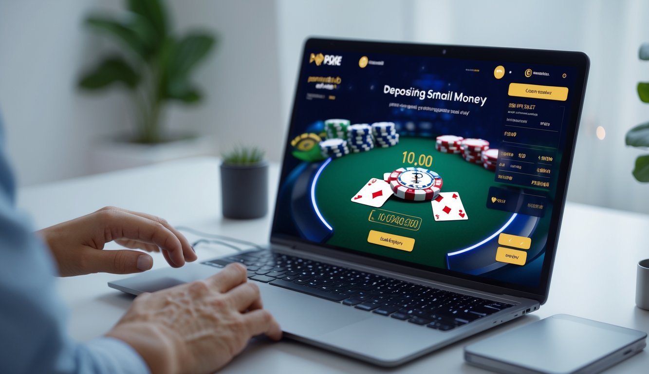 Seseorang menggunakan komputer untuk bermain poker online dan melakukan deposit kecil.