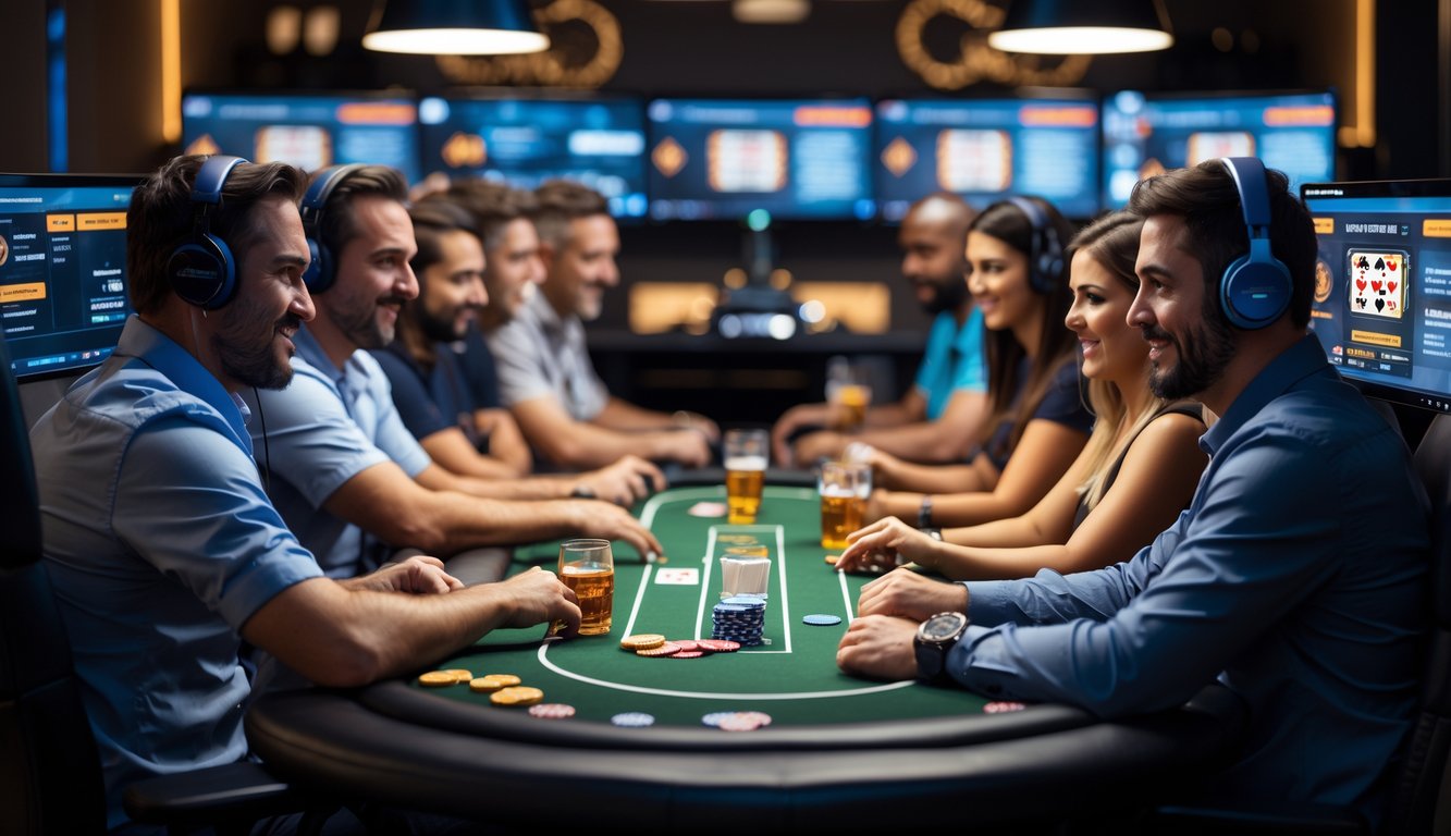 Beberapa orang dewasa sedang bermain poker online di ruangan dengan komputer dan peralatan poker di atas meja.