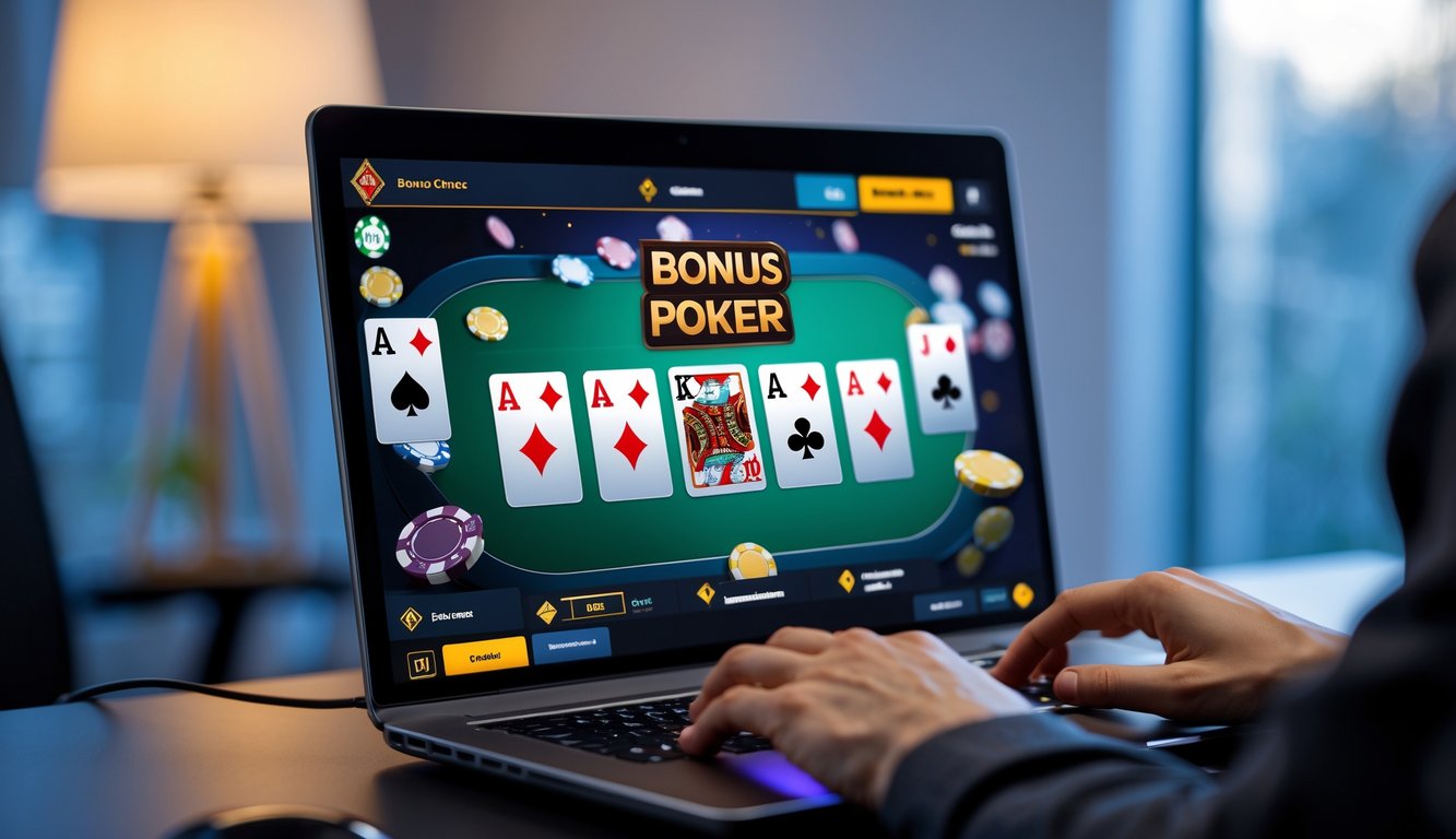 Seseorang bermain poker online di depan komputer dengan kartu dan chip poker terlihat di layar.