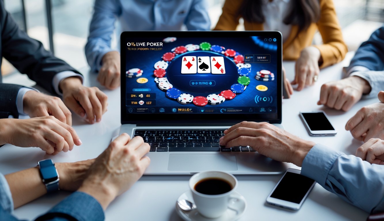 Orang-orang bermain poker online di depan komputer dengan chip dan kartu di layar.